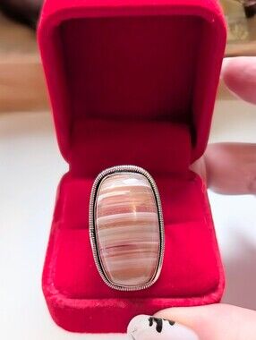 Vintage Colorful Genuine Banded Agate In Sterling Silver Statement Ring Size 8.5
